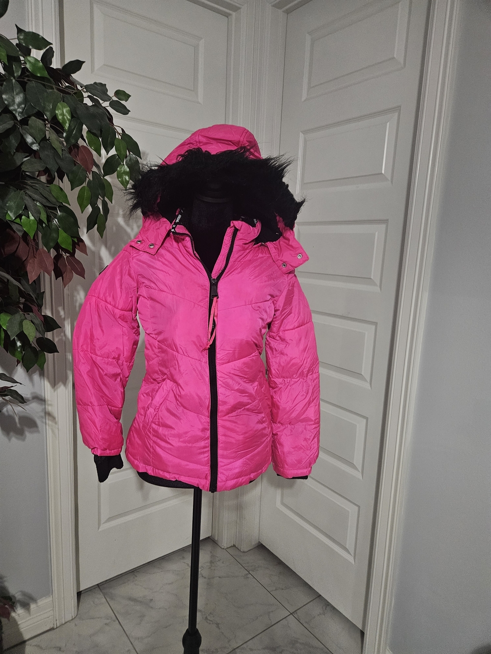 Justice Hot Pink Hooded Puffer Jacket with Black Faux Fur Trim